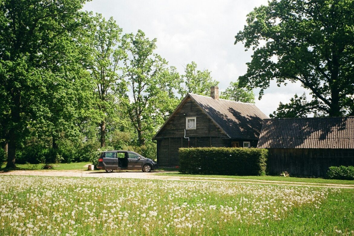 Traditional wooden house and dandelion field near Valmiera, Latvia