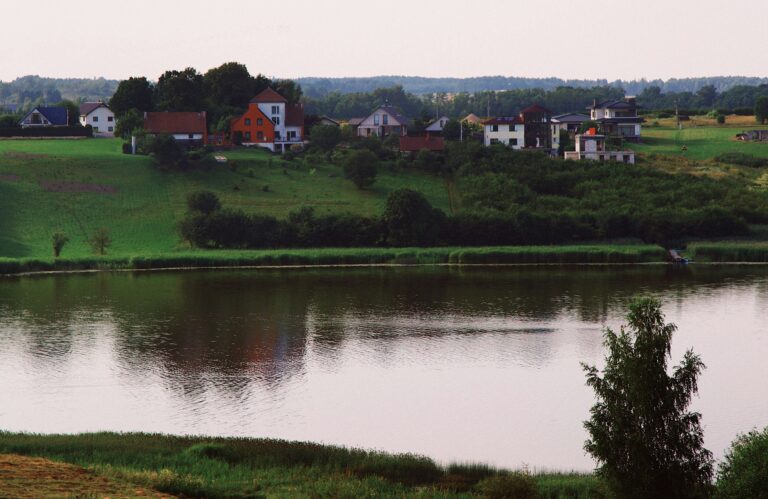 Houses along the shore of Lake Ciecere in Saldus, Latvia