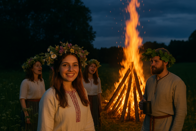 Four people celebrate Latvian summer solstice traditions during Jāņi, wearing folk costumes and gathering around a bonfire in nature.