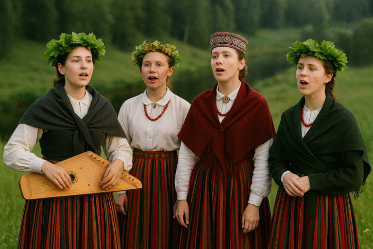 Four young Latvian women in traditional folk costumes stand in a sunlit meadow, holding flower garlands and smiling, symbolizing the joy and heritage of Latvian folk music and dainas.