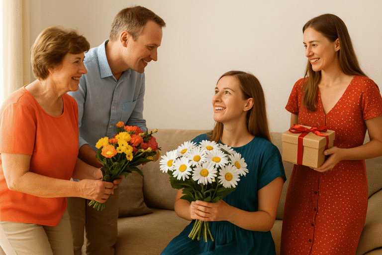 Four people gathered together in celebration, holding flowers and enjoying treats during a Latvian Name Day celebration.
