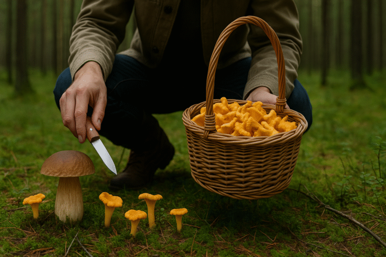 A person mushroom foraging in Latvia, crouched in a green forest and collecting chanterelles into a basket.