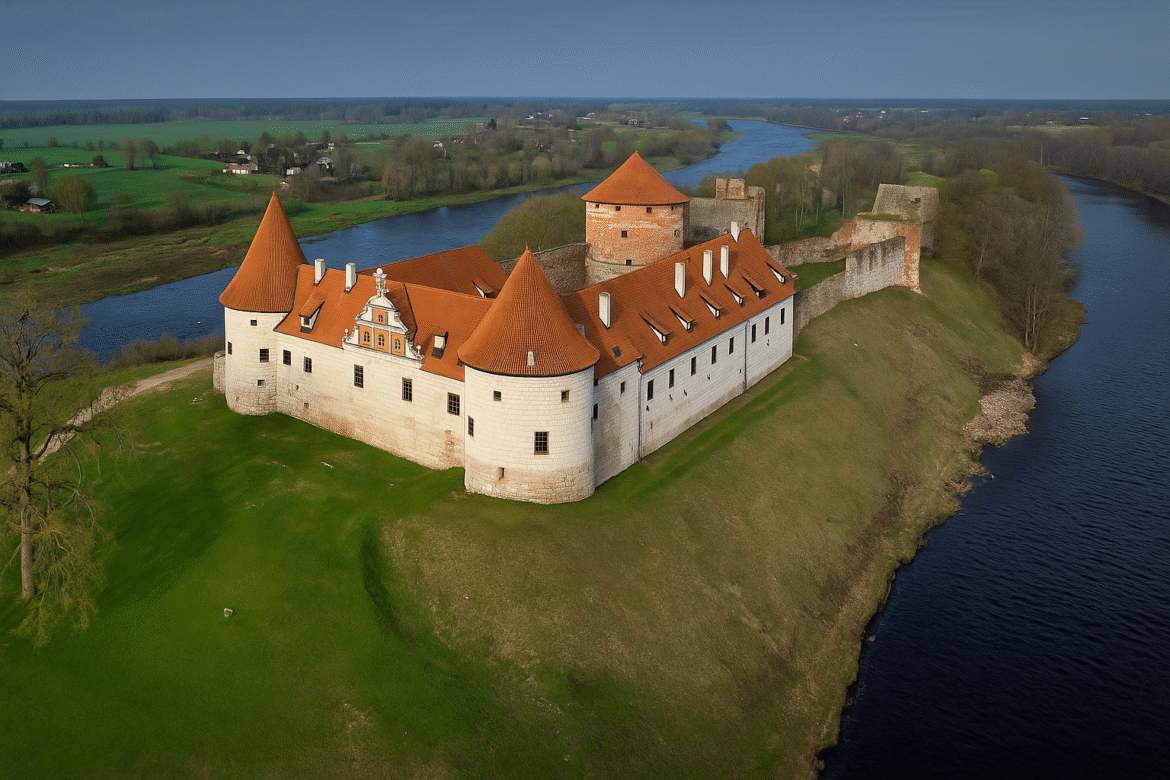 A panoramic aerial view of Bauska Castle, one of the must-visit museums in Bauska, beautifully situated between two rivers and surrounded by lush green countryside.