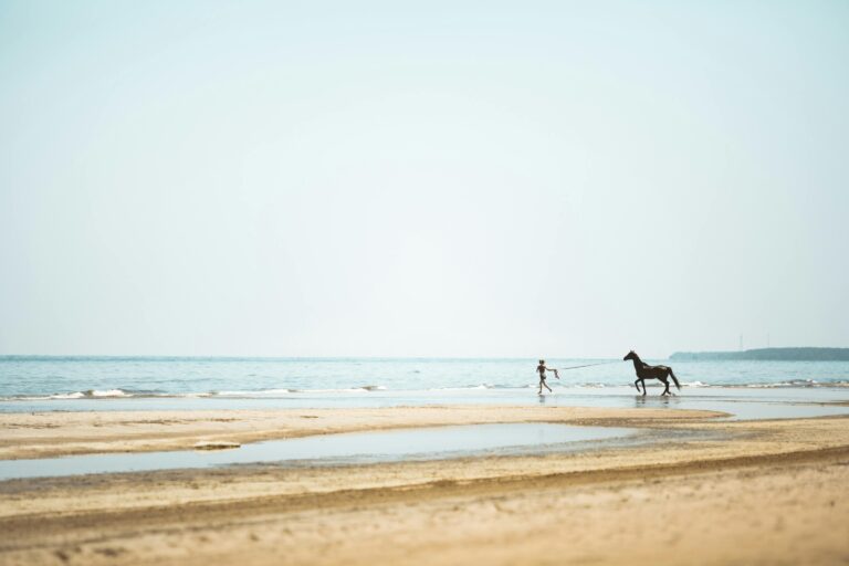 A person running with a horse along a quiet beach, one of the secret spots in Kurzeme perfect for peaceful moments by the sea.