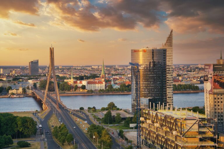 Skyline view of Riga, showcasing the vibrant capital lifestyle in contrast to smaller Latvian cities.