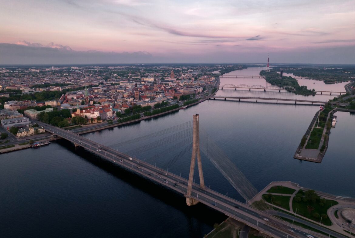 Sunday evening above Riga old town from birdview perspective showcasing Drone photography in Latvia