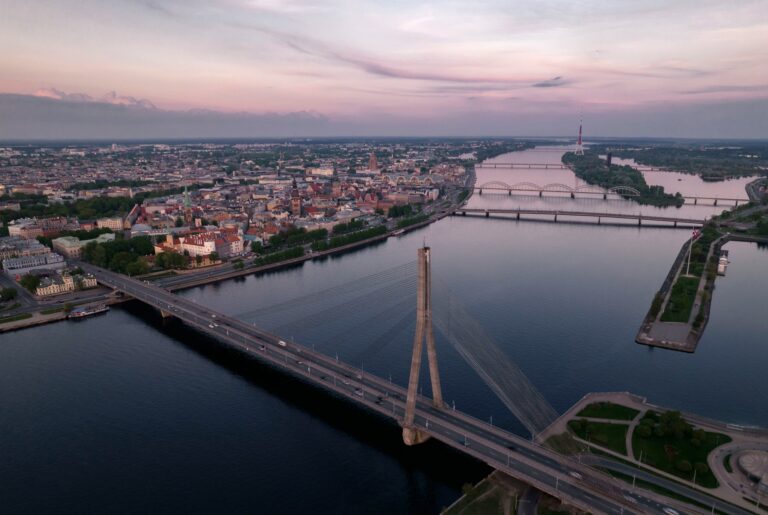 Sunday evening above Riga old town from birdview perspective showcasing Drone photography in Latvia
